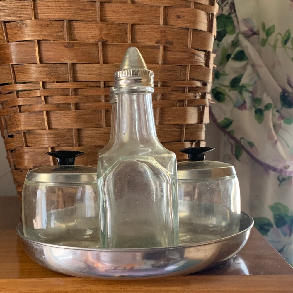 Vintage Glass Condiment Set with Stainless steel Tray.